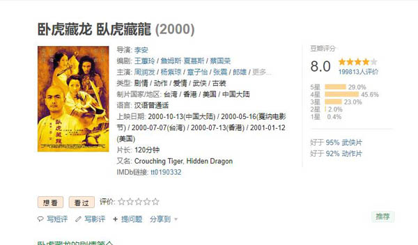卧虎藏龙豆瓣评分多少 华语电影第一部获得奥斯卡的影片